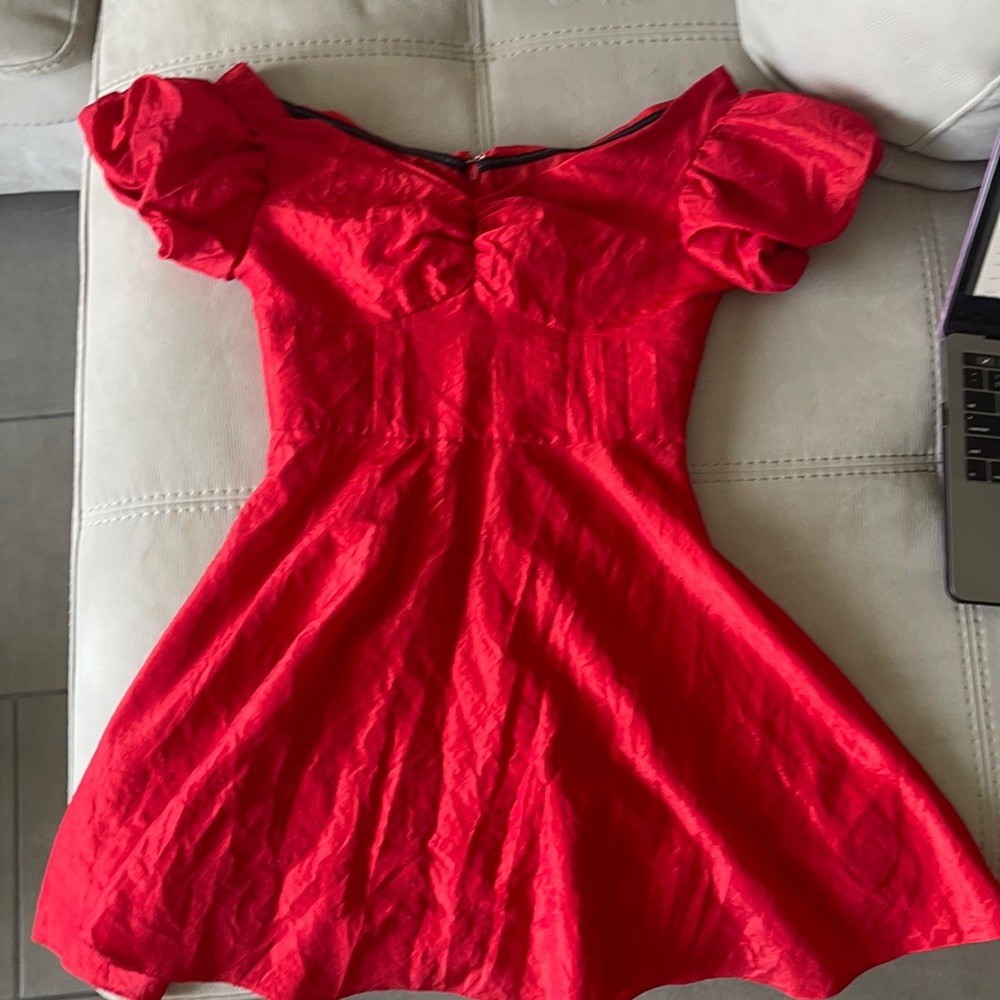 Taffeta puff sleeve bardot mini dress